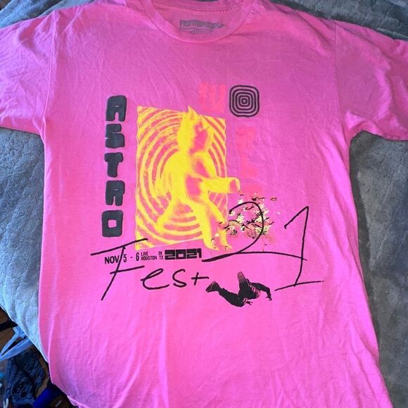 TRAVIS SCOTT Astroworld Festival 2021 Concert Merch Men T-Shirt Pink Size Med - Picture 8 of 8
